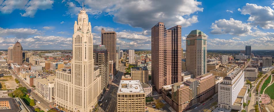 Aerial view of downtown Columbus, Ohio captured by Aerial Image Solutions